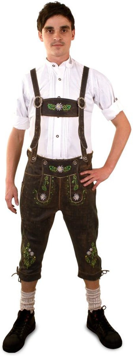 Boeren Tirol & Oktoberfest Kostuum | Lederhose Bruin Deluxe Driekwart Met Groene Borduursels Man | Maat 60 | Bierfeest | Verkleedkleding